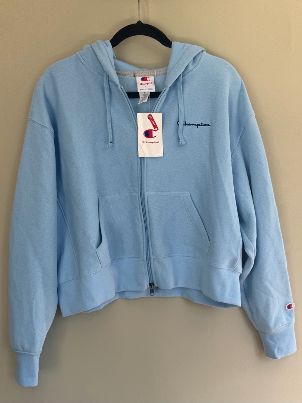 Champion Women’s Full Zip Hoodie Light Blue Logo Fleece Jacket L NWT